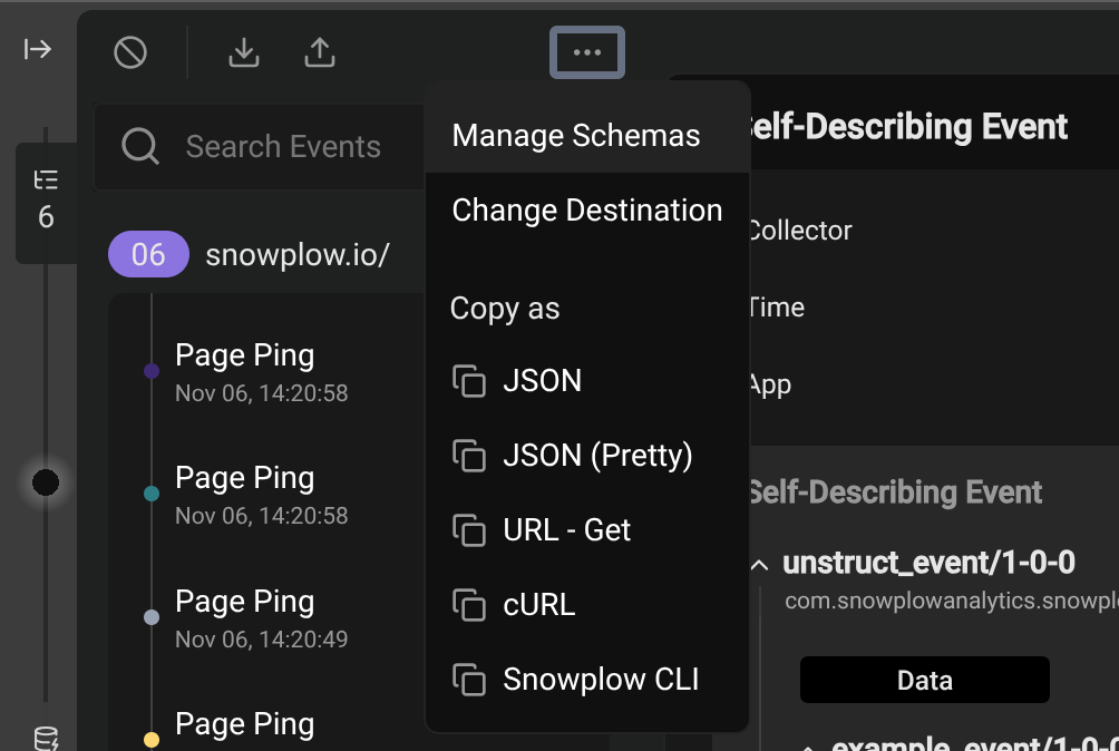 Screenshot of the Snowplow Inspector's "More Options" menu open and the "Manage Schemas" option selected.