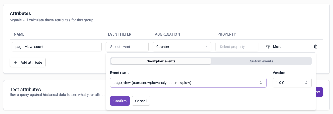 Event filter dropdown showing available Snowplow and custom event schemas