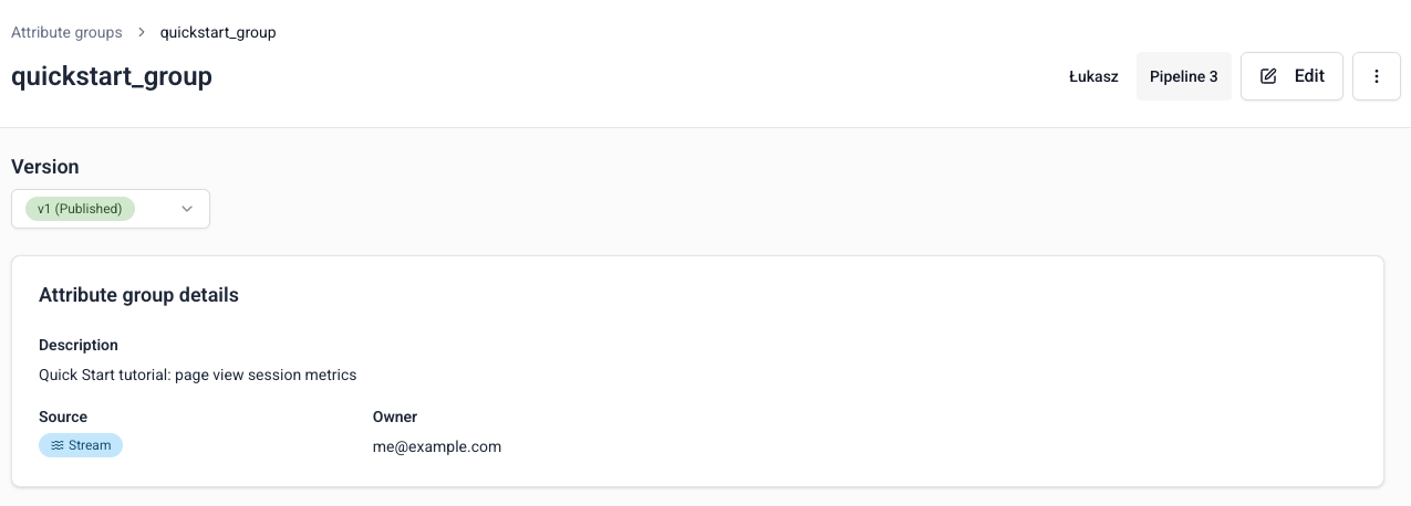 Published attribute group page showing active status and management options