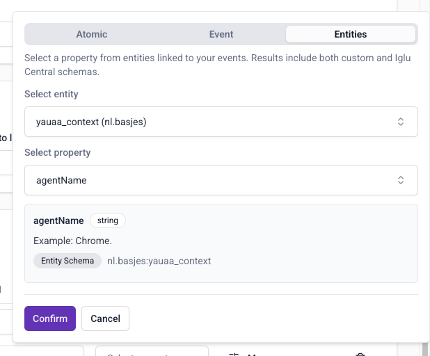 Property selection interface with atomic, event schema, and entity property tabs