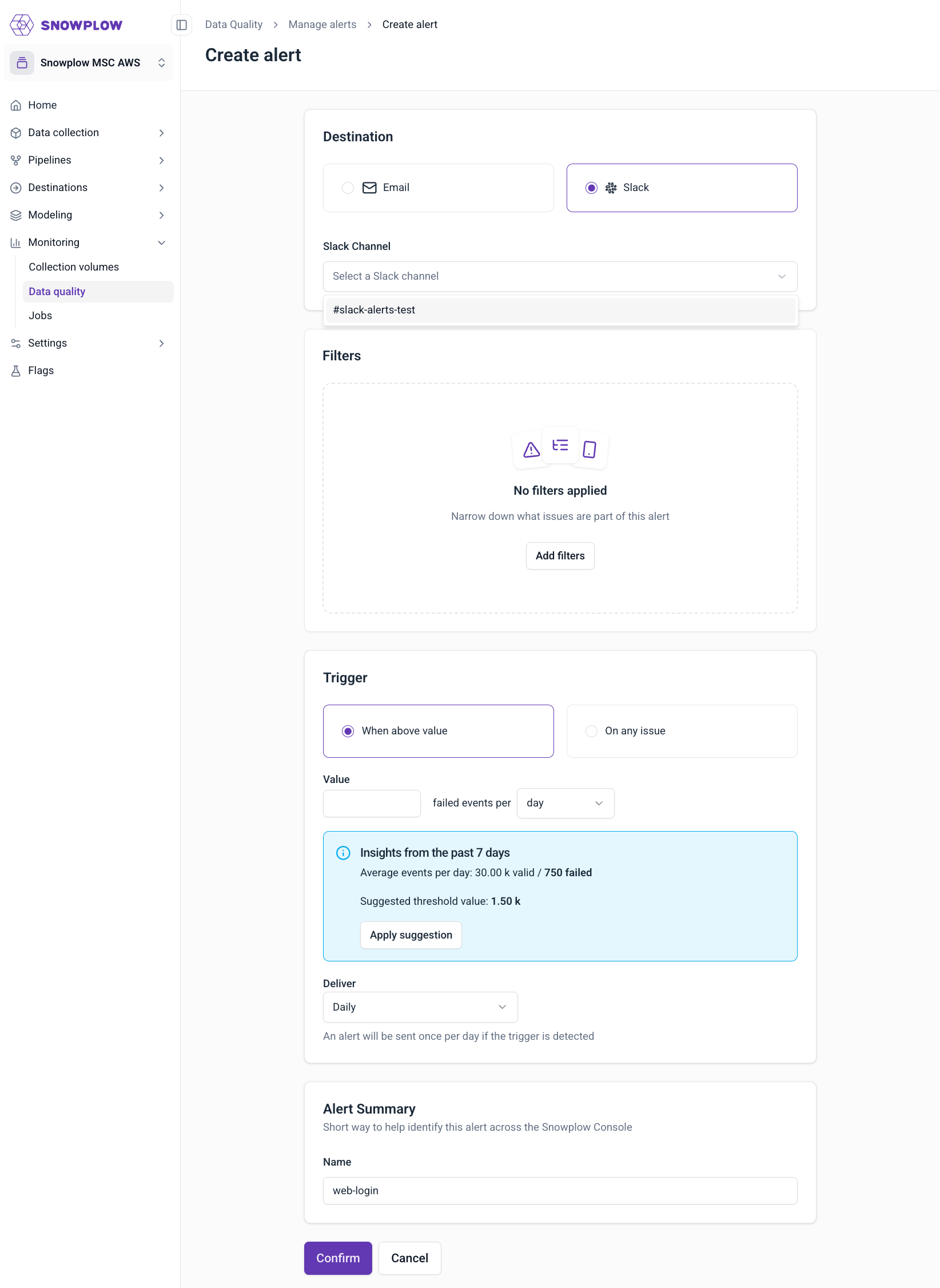 Slack destination configuration