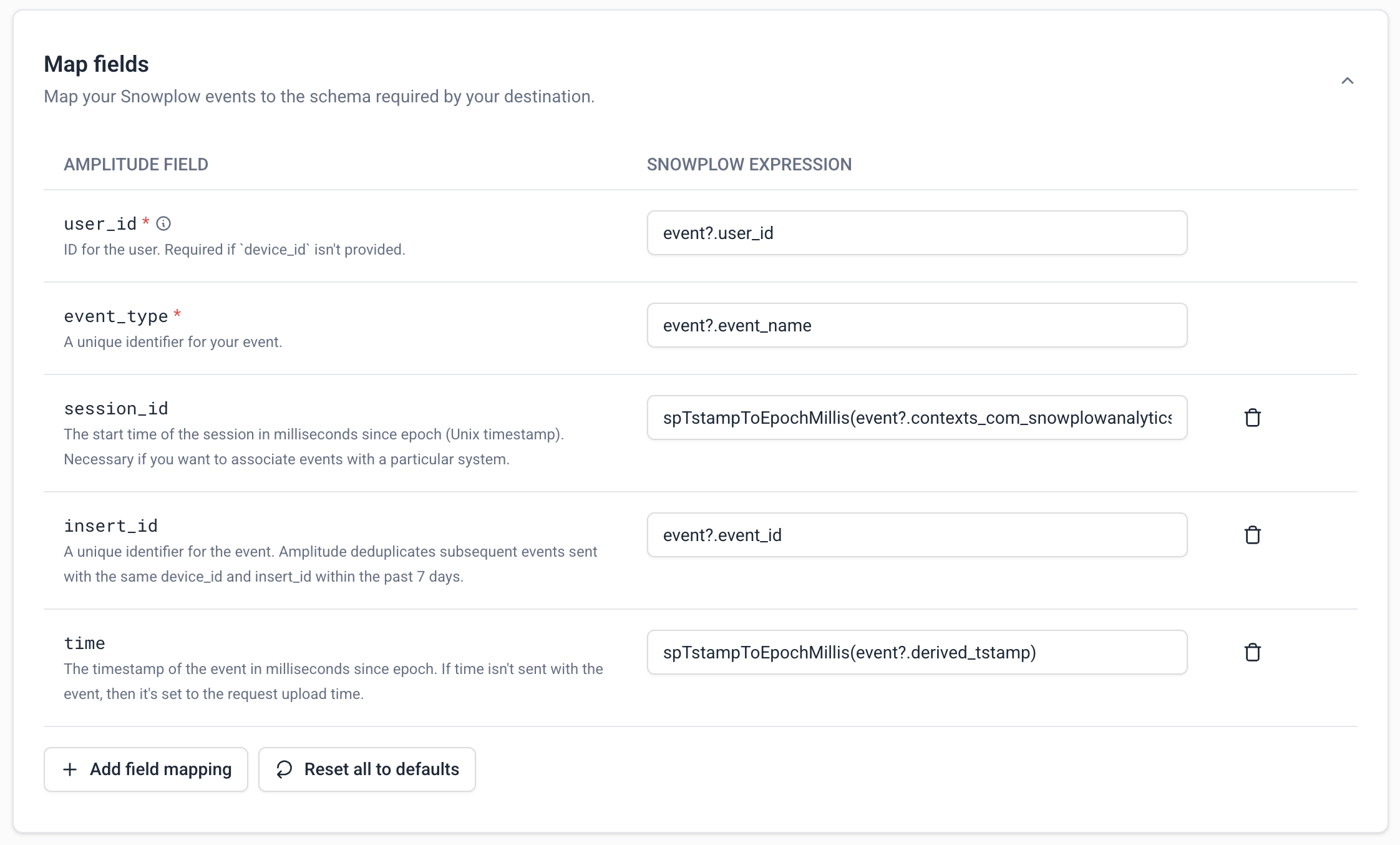 Field mapping configuration panel showing key/value pairs with JavaScript property selection expressions