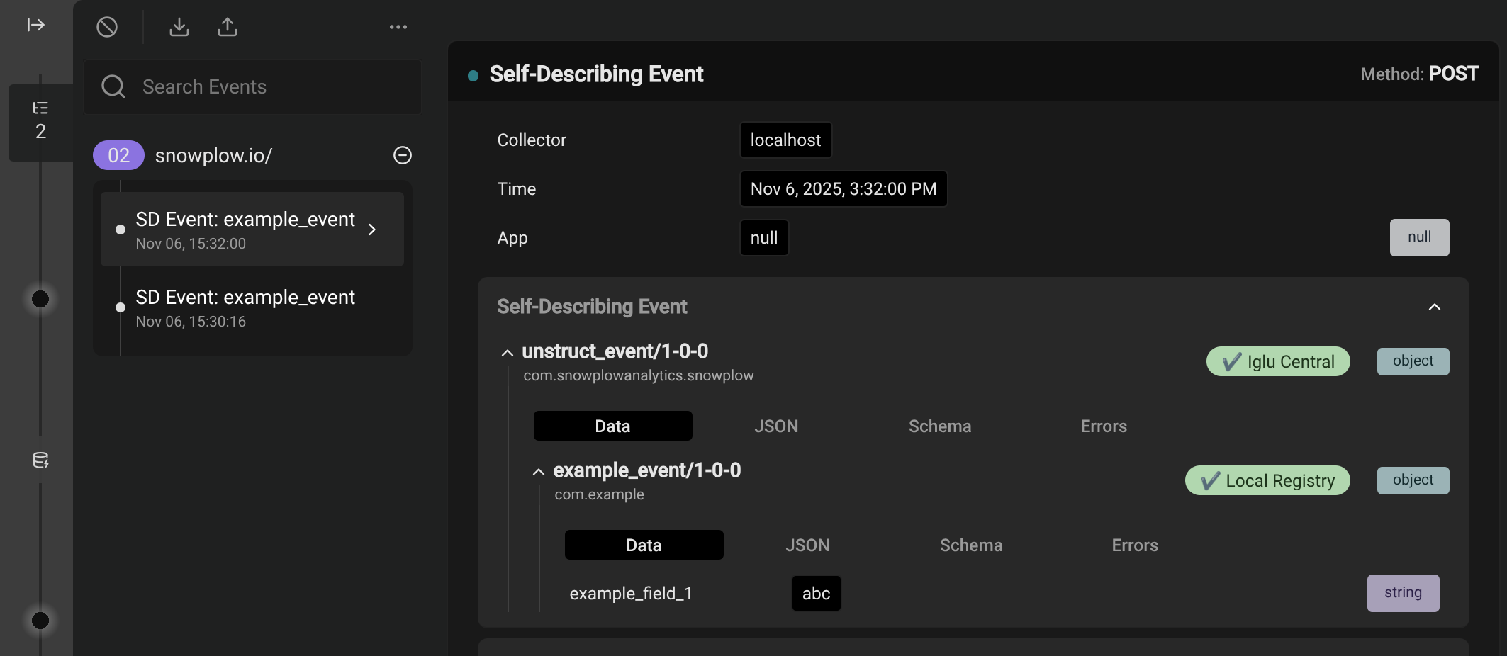 The Snowplow Inspector extension displaying a Self Describing Event called "example_event". The event payload contains a "example_field_1" property with the value "abc". The extension says the event is valid against a schema from the Local Registry, signalled by a checkmark.