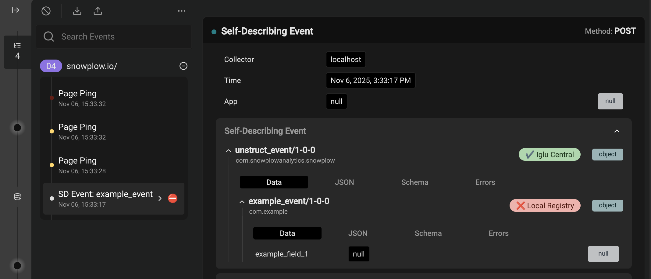 The Snowplow Inspector extension displaying a Self Describing Event called "example_event". The event payload contains a "example_field_1" property with a null value. The extension says the event is invalid against a schema from the Local Registry, signalled by a red cross.