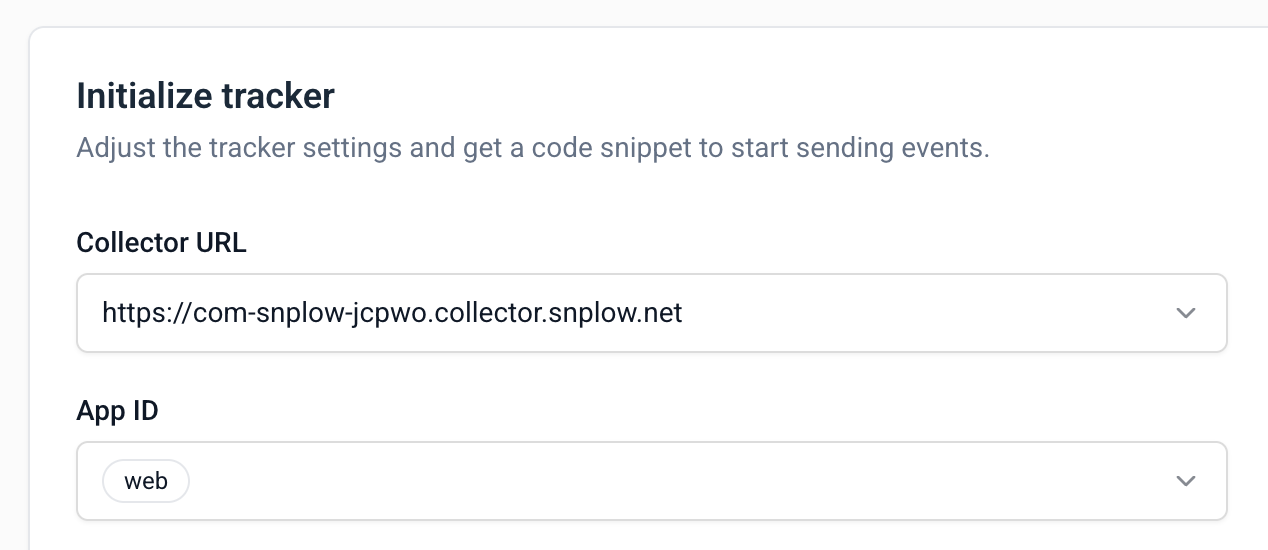 A screenshot from Console showing the initialize tracker section, with dropdowns for Collector URL and App ID