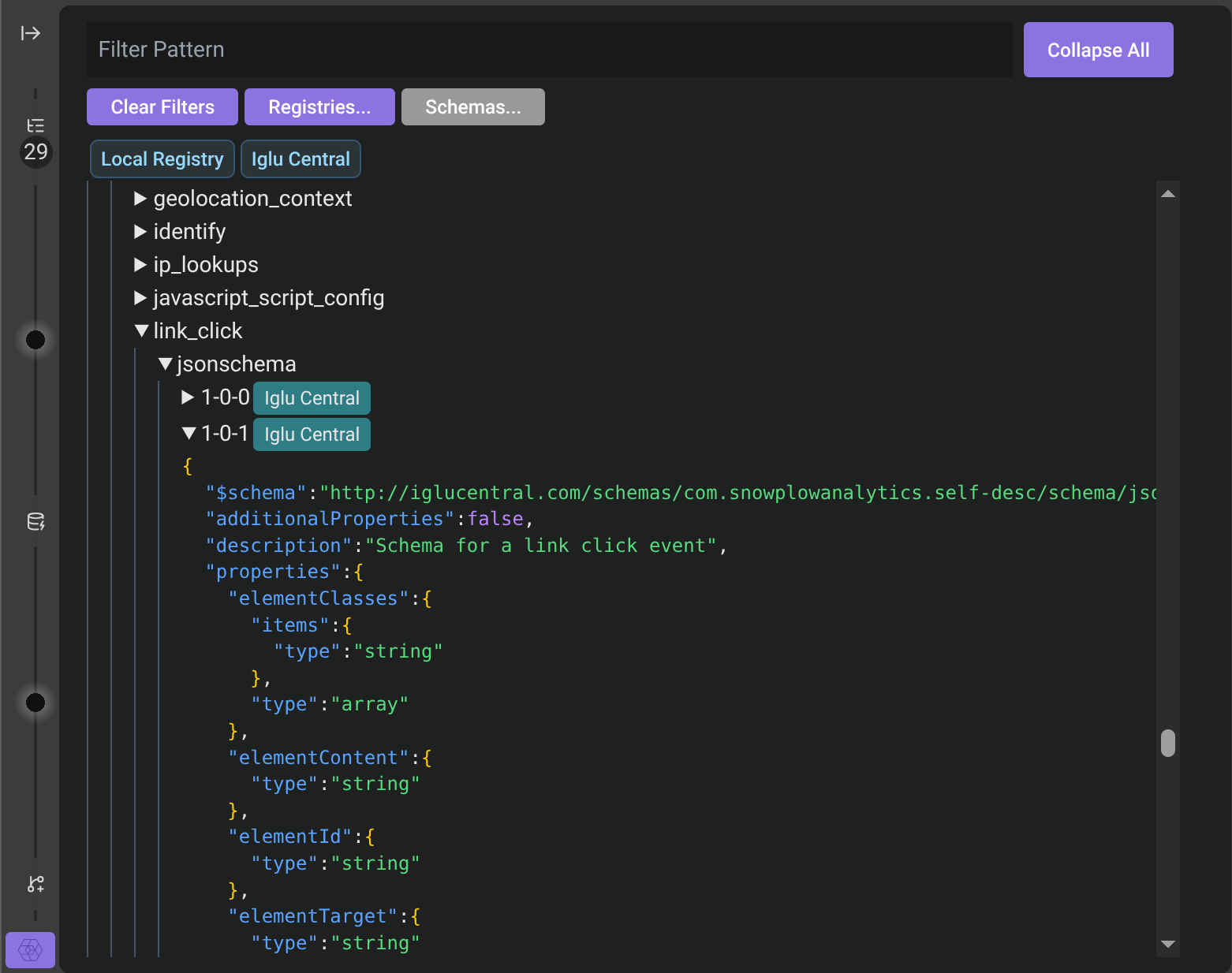 Screenshot of the Snowplow Inspector's "Manage Schemas" page with the default Local and Iglu Central registries configured.