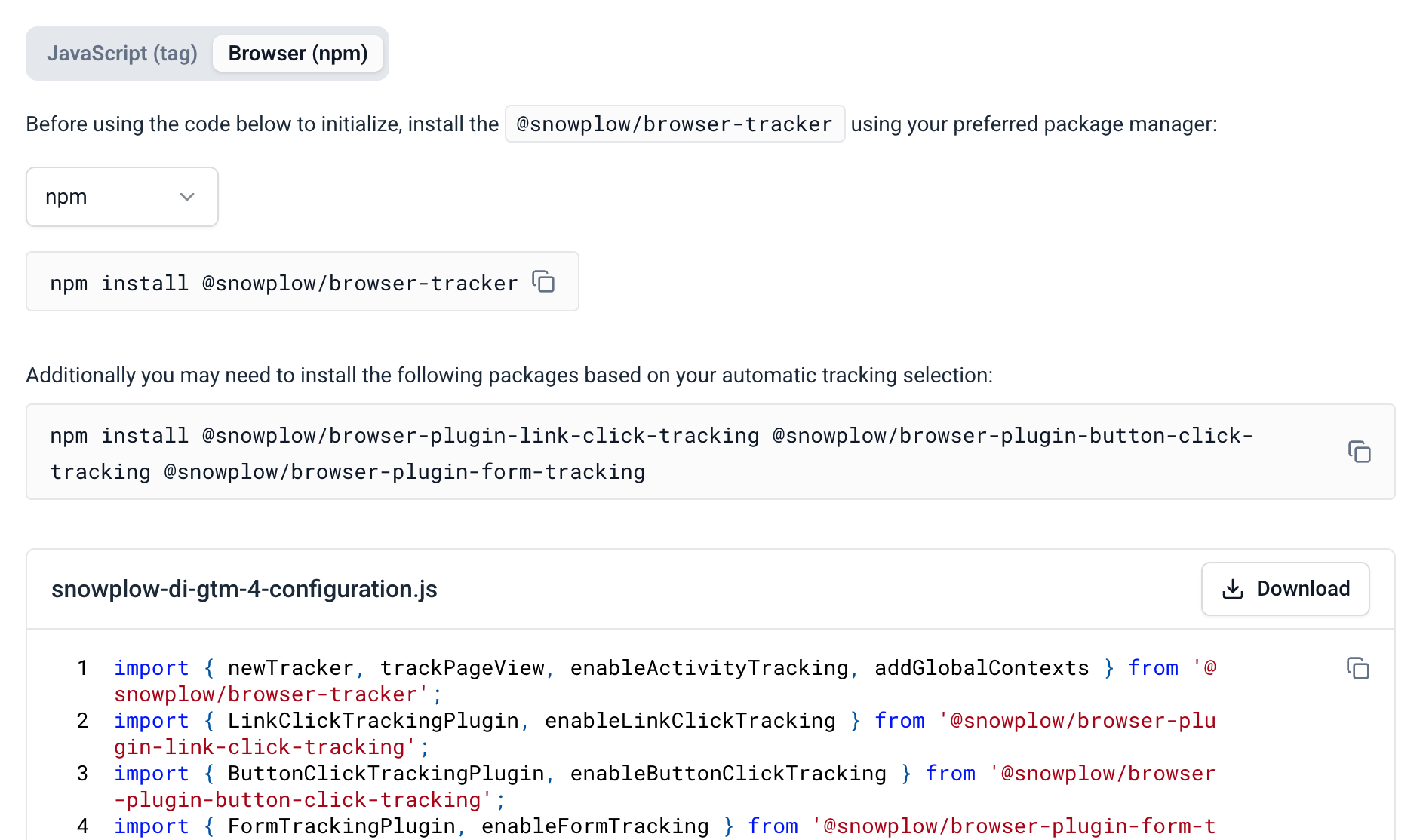 Browser npm implementation showing package installation commands and import code snippet