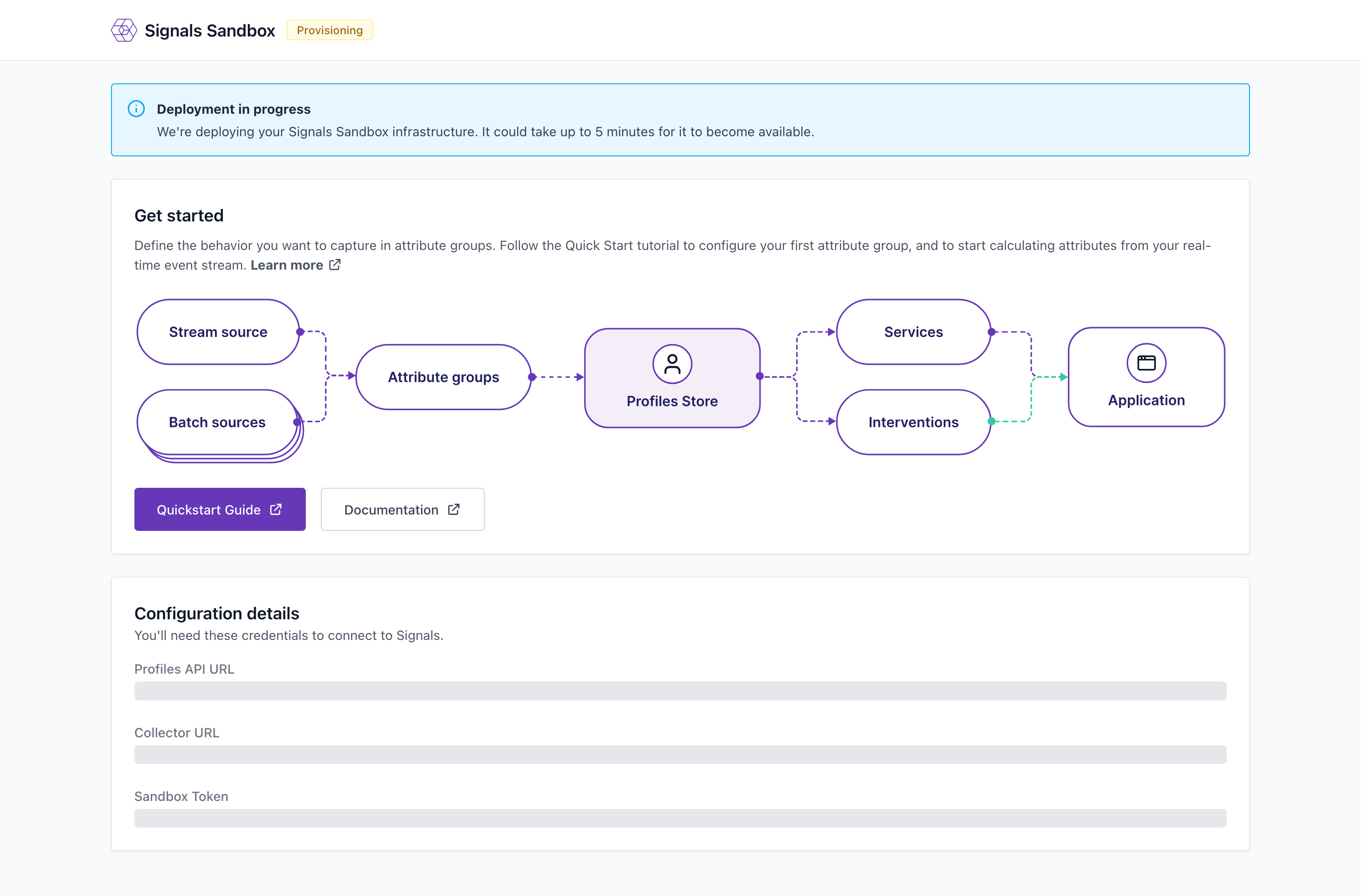 Signals Sandbox landing page with pipeline deployment in progress