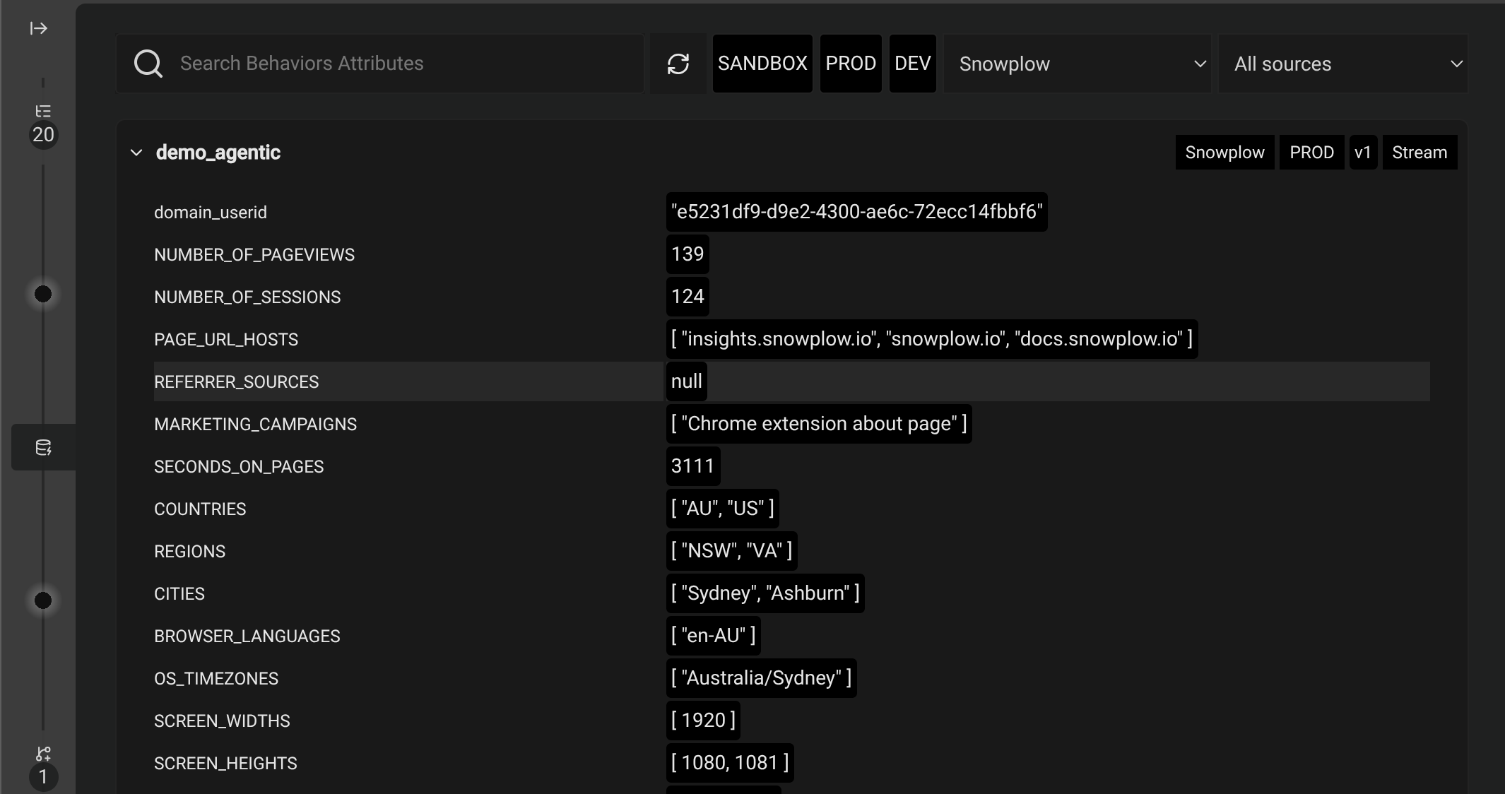 Screenshot of the Snowplow Inspector viewing attribute values from a "demo_agentic" attribute group. The values are for a specific "domain_userid" attribute key. The tabs show 20 events counted as well as 1 intervention.