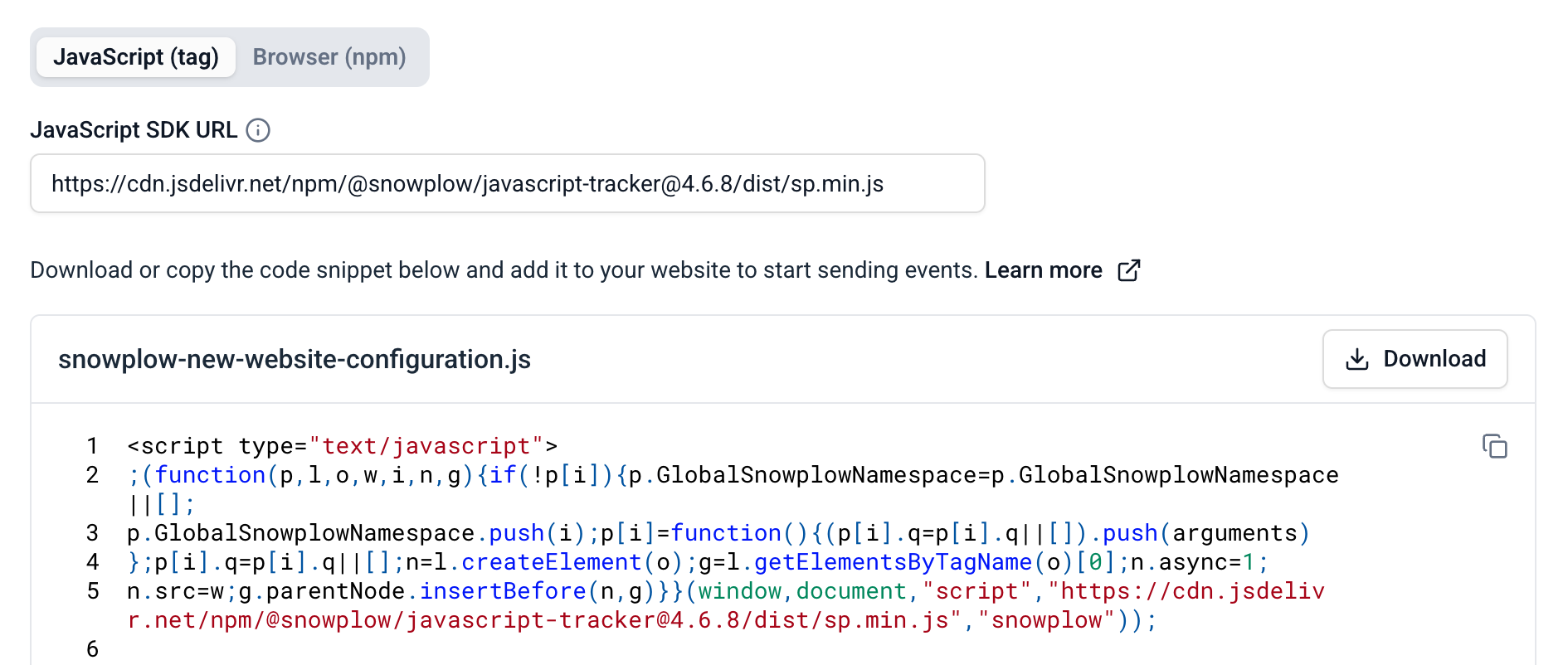 JavaScript tag implementation showing an editable SDK URL field and a generated script tag code snippet