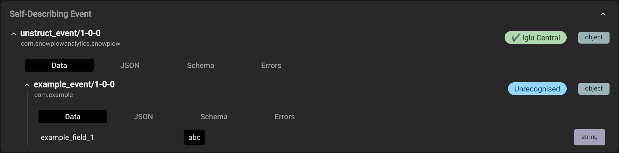 The Snowplow Inspector extension displaying a Self Describing Event called "example_event". It contains a property "example_field_1" with the value "abc". The event's schema displays as Unrecognized in any registries.