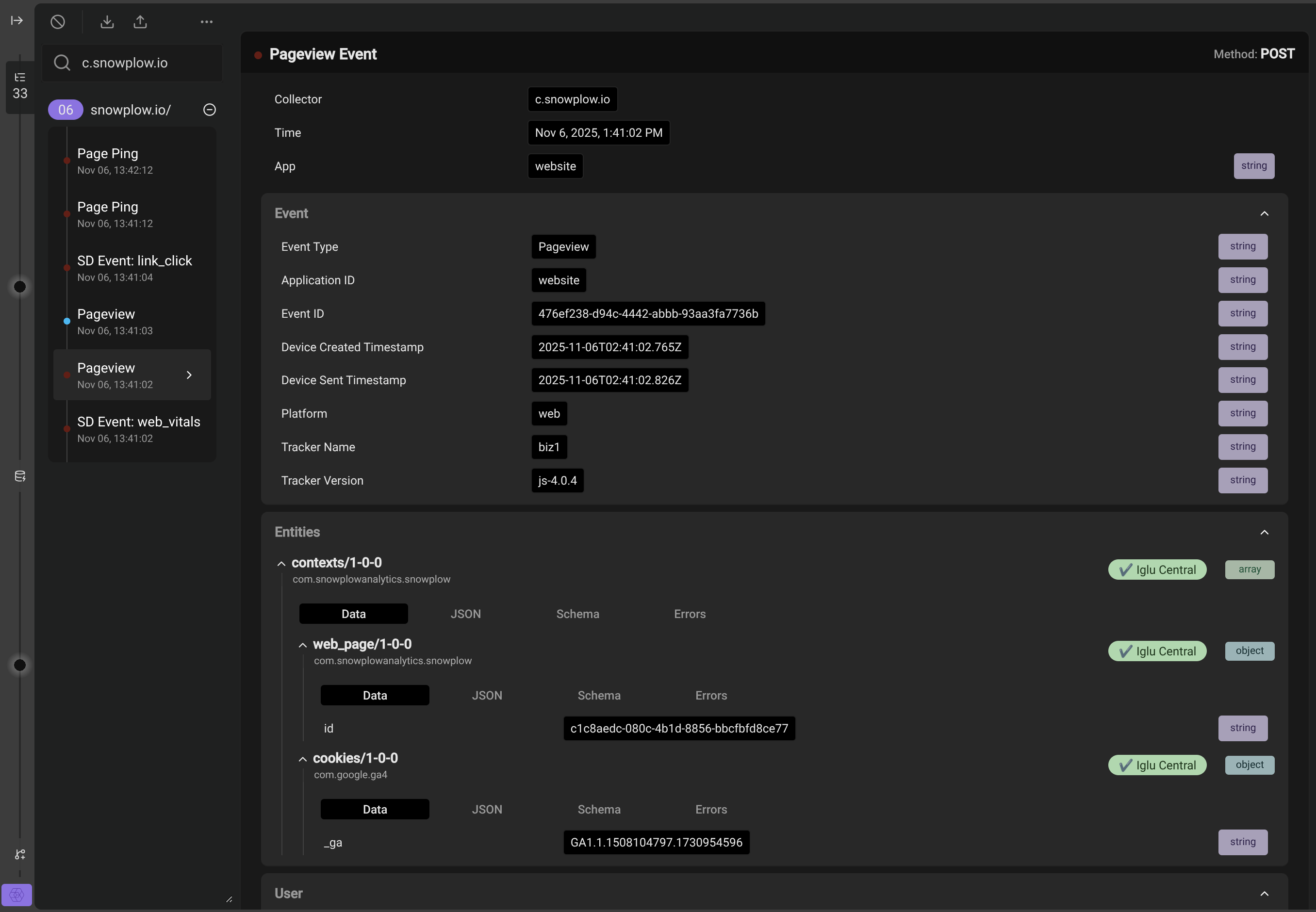 A screenshot of the Snowplow Inspector extension listing several events observed on the current pageview. A selected page-view event displays, detailing the properties collected as a part of that event.